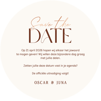 Stijlvolle kaart save the date roestbruin in cirkelvorm Achterkant