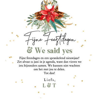 Stijlvolle kerstkaart save the date botanisch harten goud Achterkant