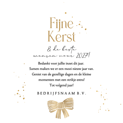 Stijlvolle kerstkaart strik erom goud kerstboomvorm Achterkant