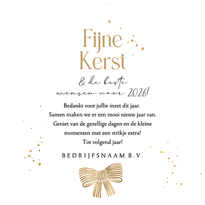 Stijlvolle kerstkaart strik erom goud kerstboomvorm Achterkant