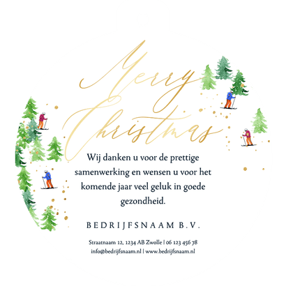 Stijlvolle kerstkaart zakelijk dennenbomen wintersport goud Achterkant