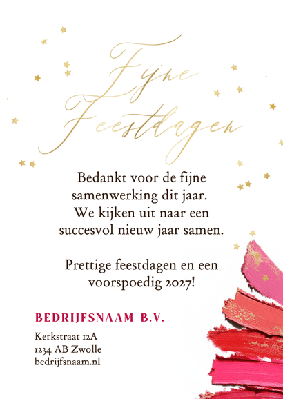 Stijlvolle kerstkaart zakelijk lipstick kerstboom goud ster Achterkant