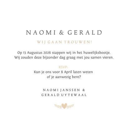Stijlvolle klassieke minimalistische trouwkaart in hartvorm Achterkant