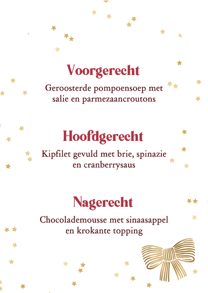 Stijlvolle menukaart kerst strik sterren goud boog Achterkant