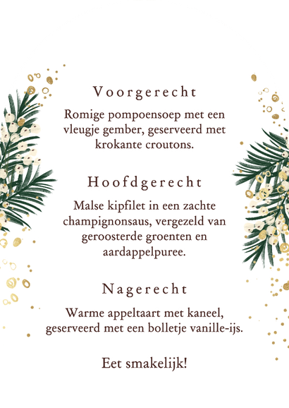 Stijlvolle menukaart watercolor kersttakken bubbels goud Achterkant