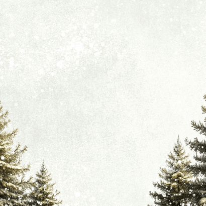Stijlvolle natuurlijke kerstkaart dennenbomen sneeuw goud Achterkant