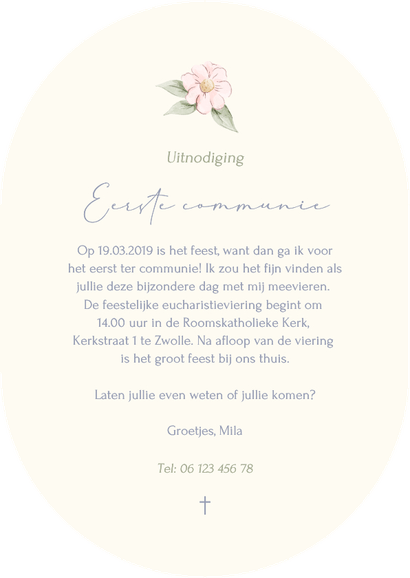 Stijlvolle ovale communiekaart strik met aquarel bloemen Achterkant