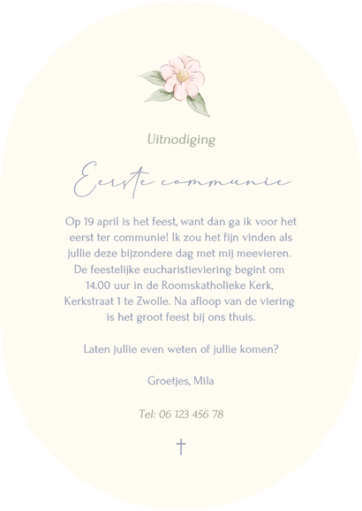 Stijlvolle ovale communiekaart strik met aquarel bloemen Achterkant