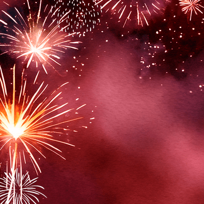 Stijlvolle rode nieuwjaarskaart met vuurwerk en goud jaartal Achterkant