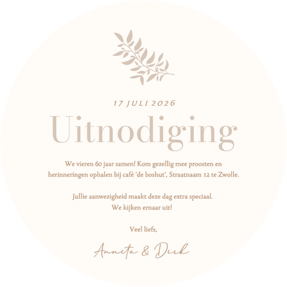 Stijlvolle ronde jubileumkaarten met beige takjes Achterkant