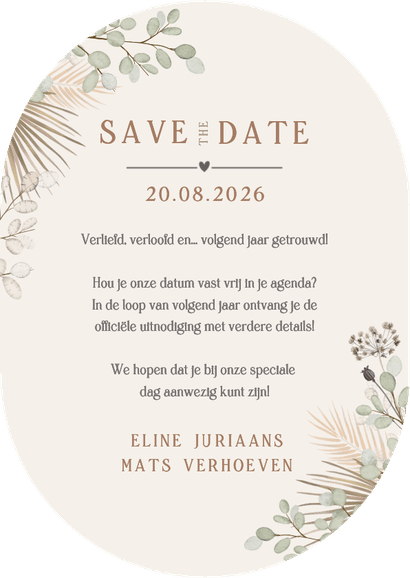Stijlvolle Save the Date kaart ovaal droogbloemen botanisch  Achterkant