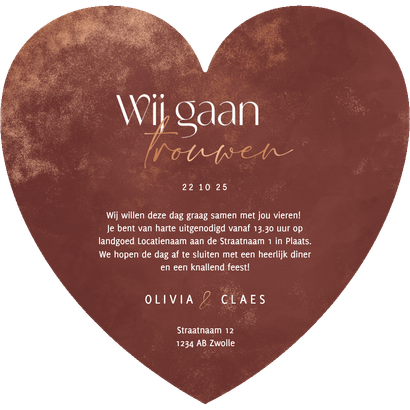 Stijlvolle trouwkaart in hartvorm met koper accenten Achterkant
