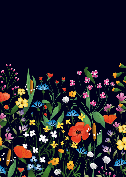 Stijlvolle trouwkaart met gekleurde bloemen en gouden tekst Achterkant