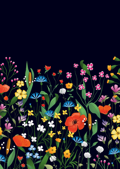 Stijlvolle trouwkaart met gekleurde bloemen en gouden tekst Achterkant