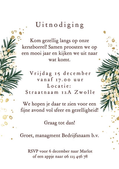 Stijlvolle uitnodiging kerstborrel watercolor bubbels Achterkant