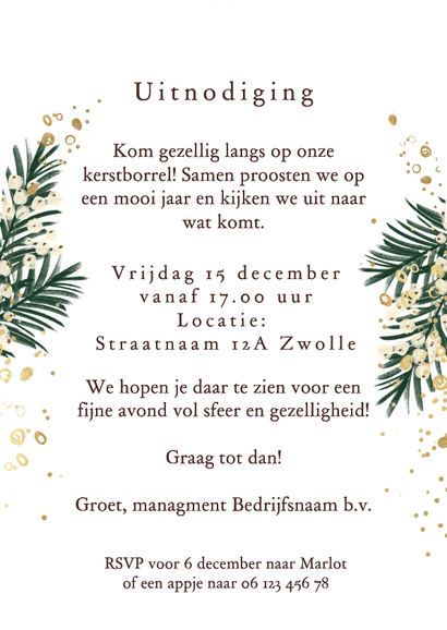 Stijlvolle uitnodiging kerstborrel watercolor bubbels Achterkant