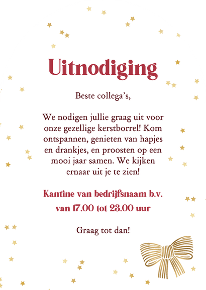Stijlvolle uitnodiging kerstborrel zakelijk strik goud Achterkant