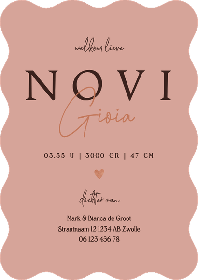 Stoer golvend geboortekaartje met roze waterverf  Achterkant