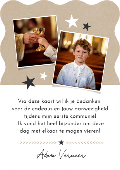 Stoere bedankkaart communie jongen met golfrand Achterkant