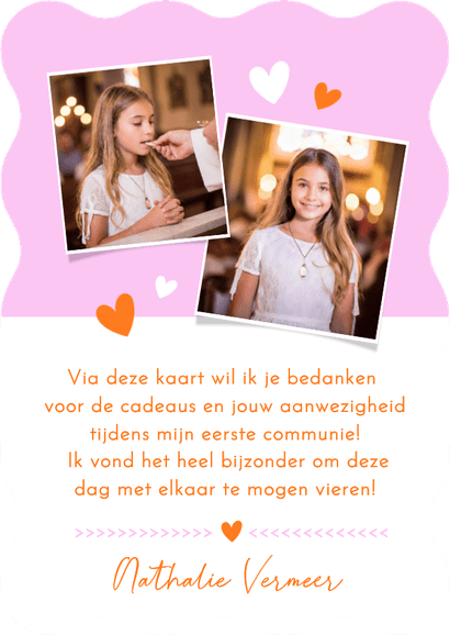 Trendy bedankkaartje communie meisje met golvende rand  Achterkant