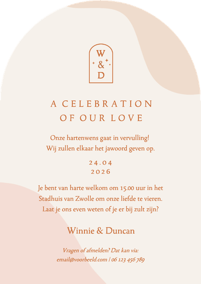 Trendy boog vorm trouwkaart in roze aardetinten met foto Achterkant