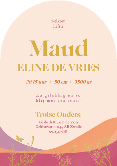 Trendy geboortekaartje boog vorm met landschap libelle Achterkant