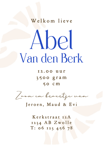 Trendy geboortekaartje initiaal streeppattroon blauw Achterkant