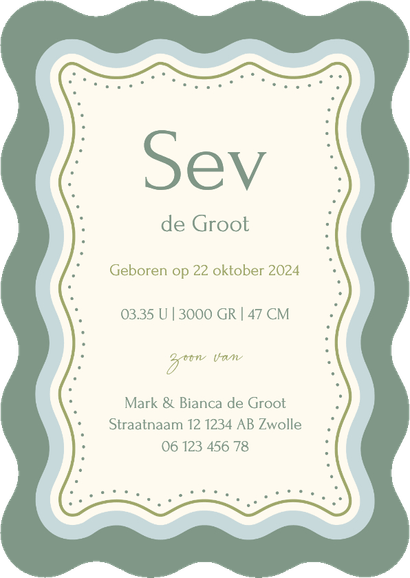  Trendy geboortekaartje met golvend kader en maan  Achterkant