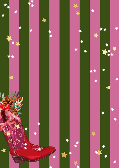 Trendy kaart kerstmenu cowboylaars botanische kersttakken Achterkant