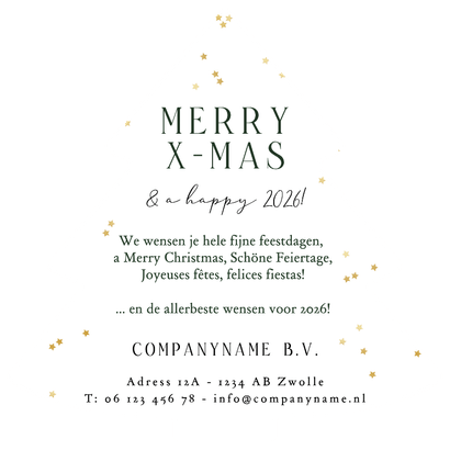 Trendy kerstkaart zakelijk bedankt internationaal ster goud Achterkant