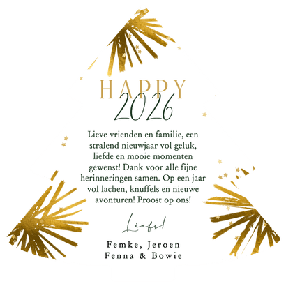 Trendy nieuwjaarskaart kerstboomvorm vuurwerk ster goud Achterkant