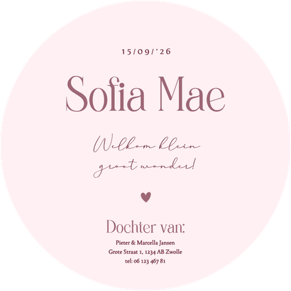 Trendy roze geboortekaartje met palmbomen patroon rond Achterkant