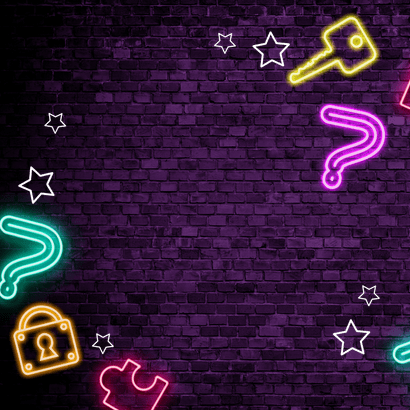 Trendy uitnodiging kinderfeest escape room neon Achterkant