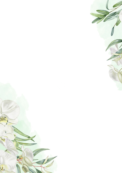 Trouwen Save the date orchideeën eucalyptus Achterkant