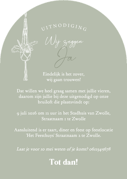 Trouwkaart boog uitnodiging lijntekening bohemian Achterkant