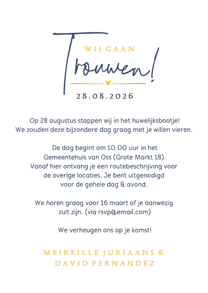 Trouwkaart boog vorm met silhouet van een bruidspaar Achterkant
