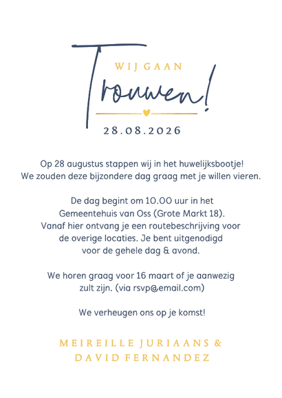 Trouwkaart boog vorm met silhouet van een bruidspaar Achterkant