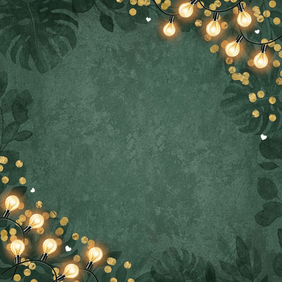 Trouwkaart botanisch groen lampjes confetti goud Achterkant