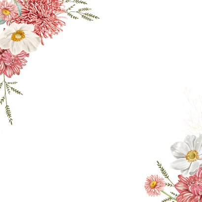 Trouwkaart dahlia en herfstanemoon op groen fluweel Achterkant