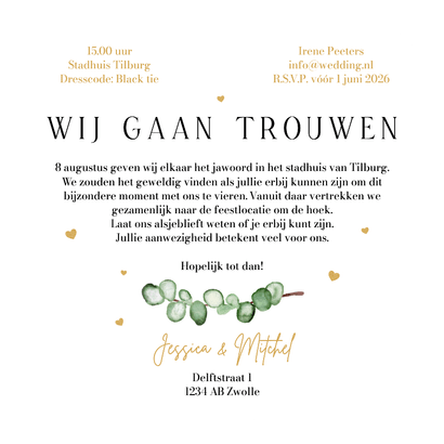 Trouwkaart eucalyptus stijlvol hartvorm hartjes uniek Achterkant