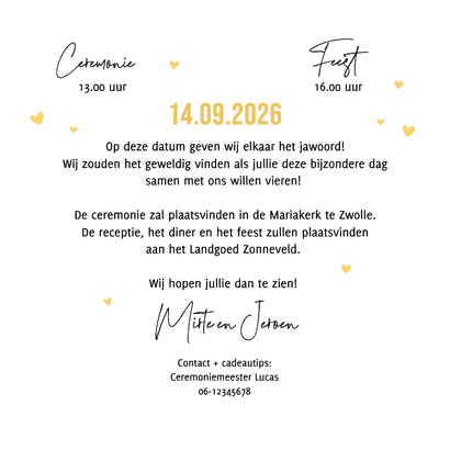 Trouwkaart hartkaart cartoon humor uitnodiging bruiloft Achterkant