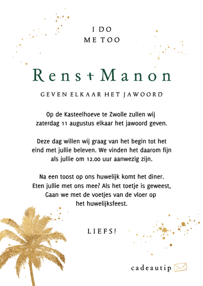Trouwkaart in boog palmboom goud spetters Achterkant