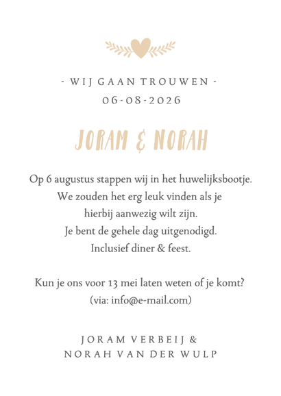 Trouwkaart in boogvorm met grote eigen foto en namen Achterkant