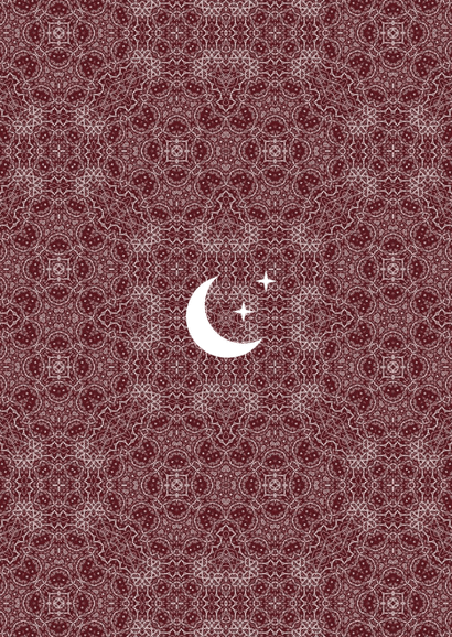 Trouwkaart Islamitisch patroon donkerrood roze maan ster Achterkant