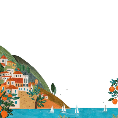 Trouwkaart mediterraanse kust zomer Achterkant