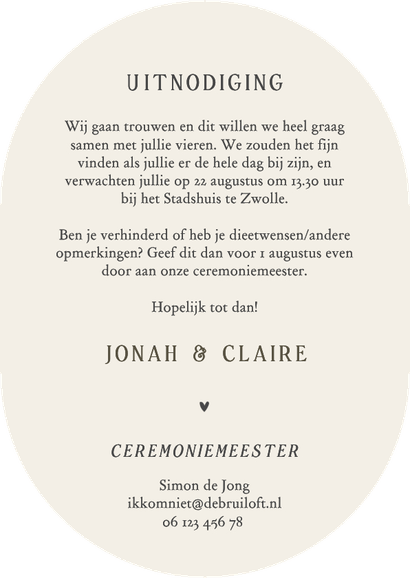 Trouwkaart ovaal klassiek gestreept blauw beige Achterkant