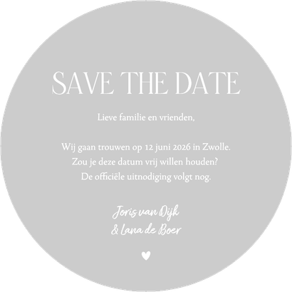 Trouwkaart save the date rond zilverfolie grote foto Achterkant