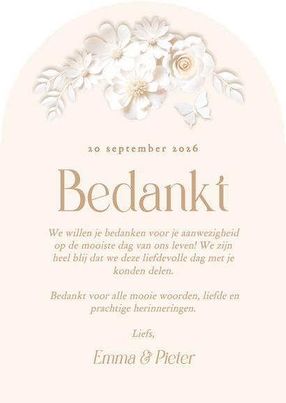 Trouwkaarten bedankt met stijlvolle witte bloemen boog Achterkant