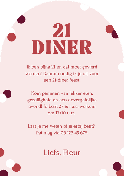 Uitnodiging 21 diner cijfers in roze cocktails met confetti Achterkant