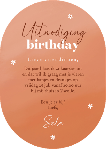 Uitnodiging 21 party bloemetjes oranje vorm Achterkant